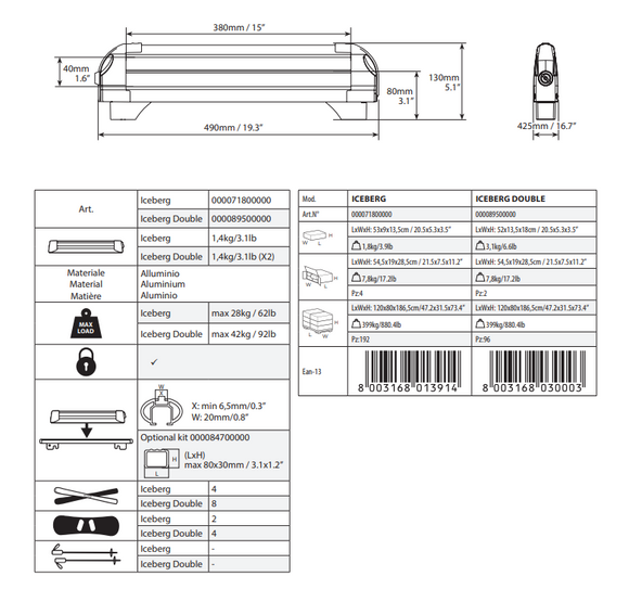 MENABO - Portasci e Snowboard Iceberg per barre portatutto+Kit fuori cava